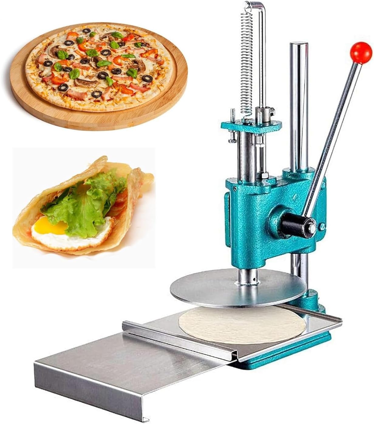 手動ピザ生地プレス機 業務用ピザ生地シーター 拡張ハンドル付き小型ステンレススチールプレス機 家庭用ピザプレッサー ピザ パイ トルティーヤ ペストリー キッ 家庭用ピザペストリープレスマシン、ステンレススチールハンドル延長